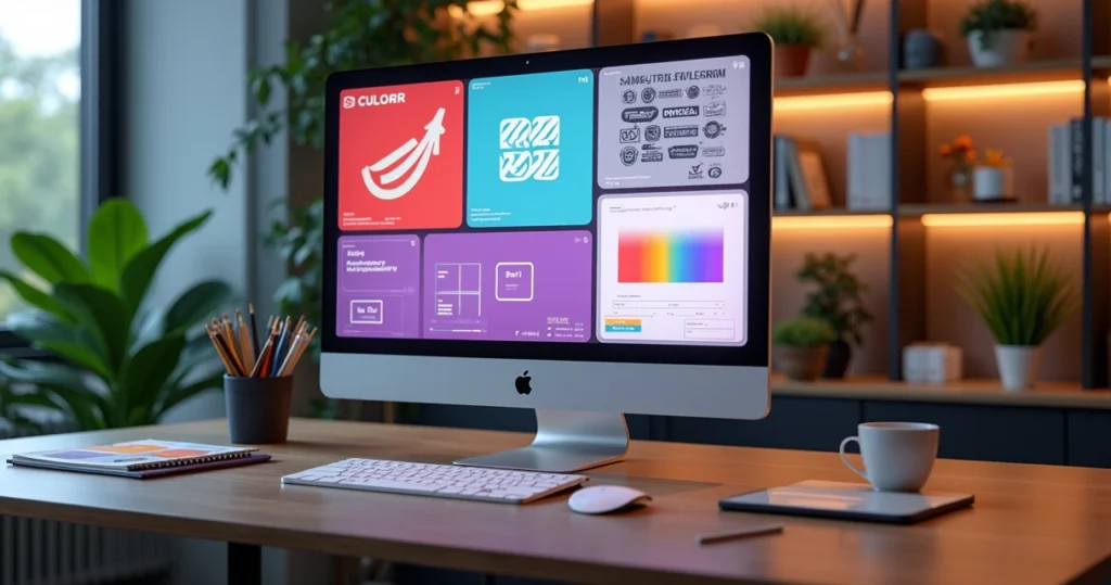 Conceito de branding e identidade visual com elementos gráficos modernos e paleta de cores sofisticada