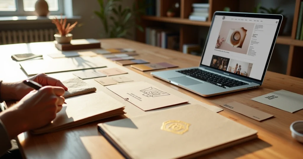 Mesa de trabalho com elementos de branding e identidade visual em estilo sofisticado