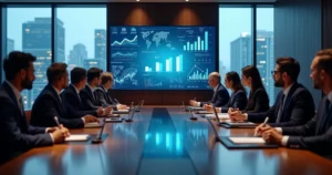 Executivos analisando dados de branding em tela gigante com logotipos e gráficos