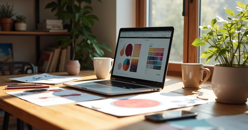 Mesa de trabalho com laptop, cadernos e amostras de cores para briefing e co-criação de identidade visual artesanal