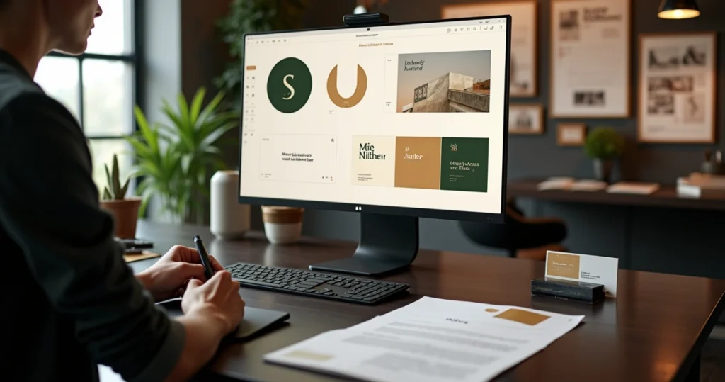 Designer ajustando identidade visual sofisticada em tela grande com materiais impressos ao lado