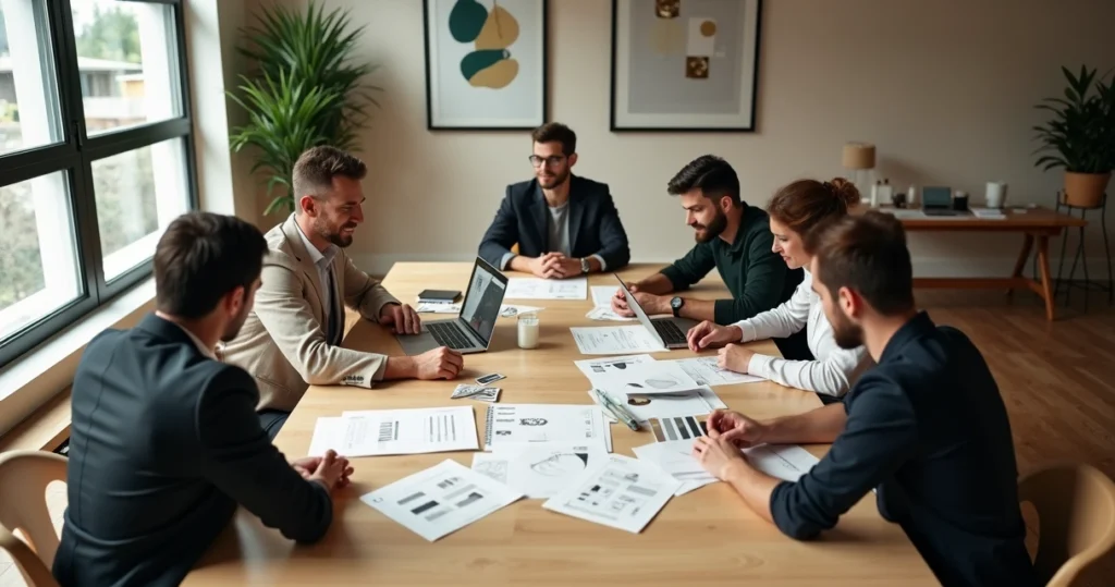 Equipe reunida ao redor de mesa analisando materiais de identidade visual da marca