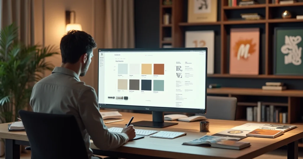 Designer trabalhando em identidade visual com telas, cores e tipografias em estúdio sofisticado