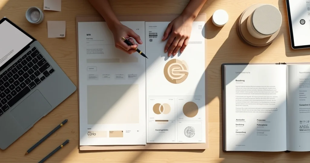 Designer organiza elementos de identidade visual de marca premium sobre mesa de trabalho