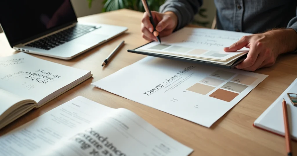 Designer trabalhando em identidade visual com logotipo, cores e tipografia sobre a mesa