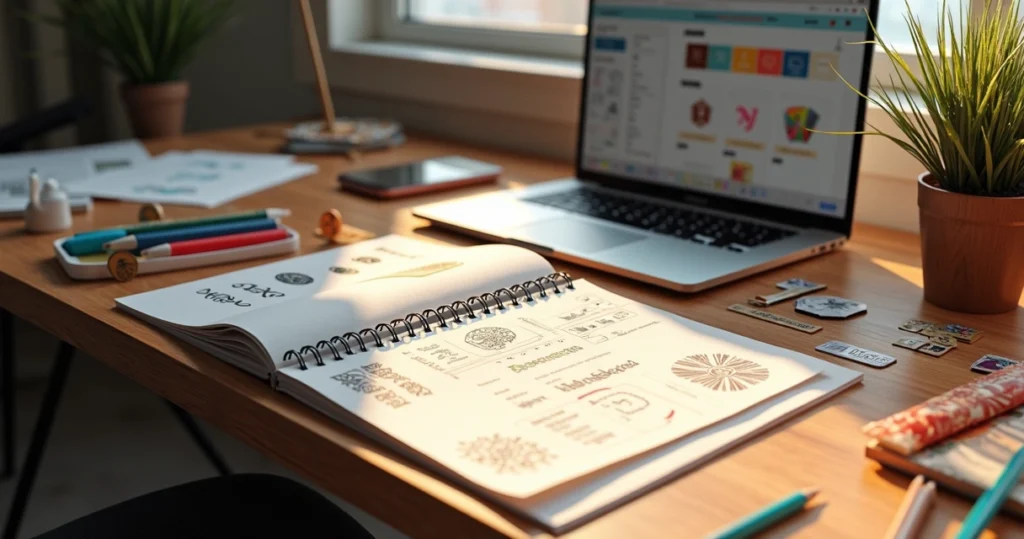 Mesa de trabalho com caderno de esboços, laptop exibindo cores e tipografia, amostras de logotipos e ferramentas de design.