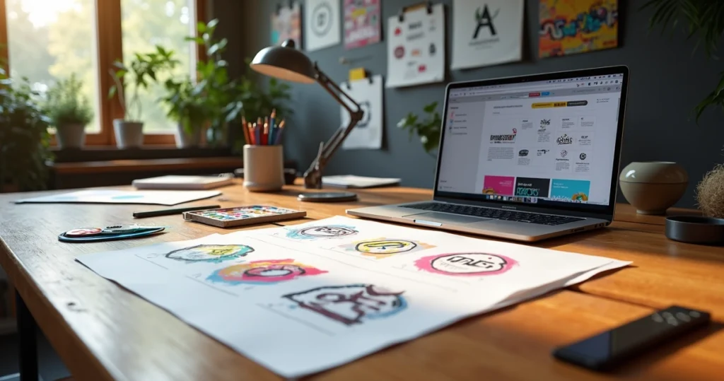 Mesa de trabalho com designer criando identidade visual com esboços, paleta de cores e laptop aberto