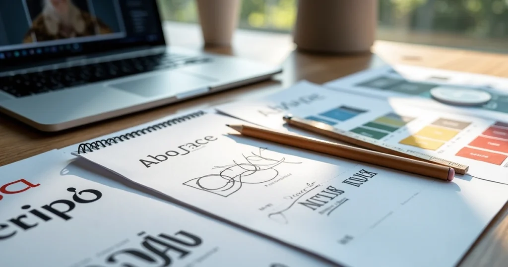 Mesa de trabalho com laptop, esboços de logotipo, paletas de cores e amostras de tipografia organizados para criação de identidade visual