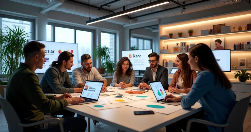 Equipe de designers trabalhando em nova identidade visual para rebranding de marca em ambiente moderno e sofisticado